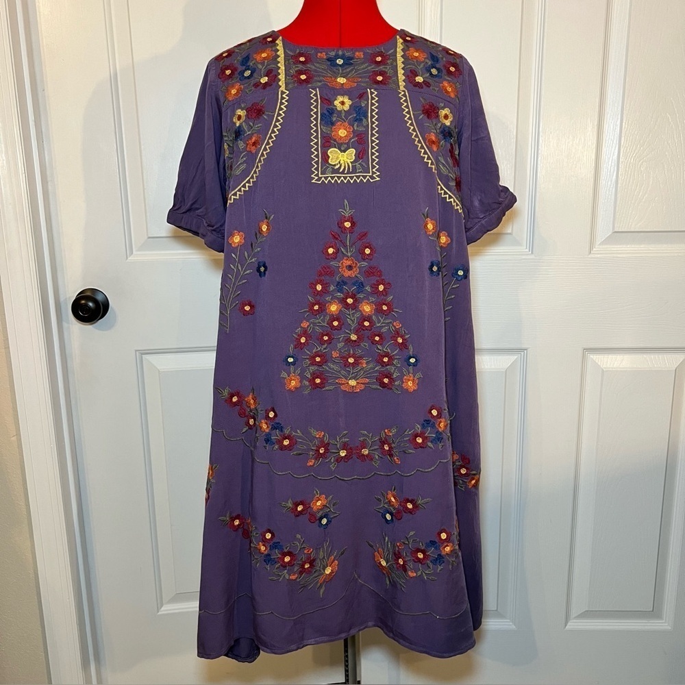 marie b. Short Sleeve Fully Lined Floral Embroidered Dress w/ Pockets Womens L